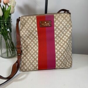 Kate Spade New York Victoria Canvas Crossbody Bag Beige Print Pink Red Stripe